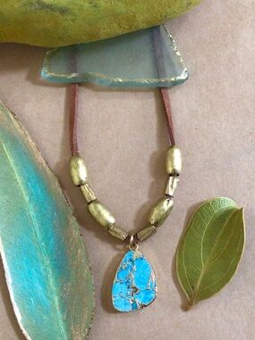 Gold Edge Turquoise Necklace leather suede cord Sundance Charm